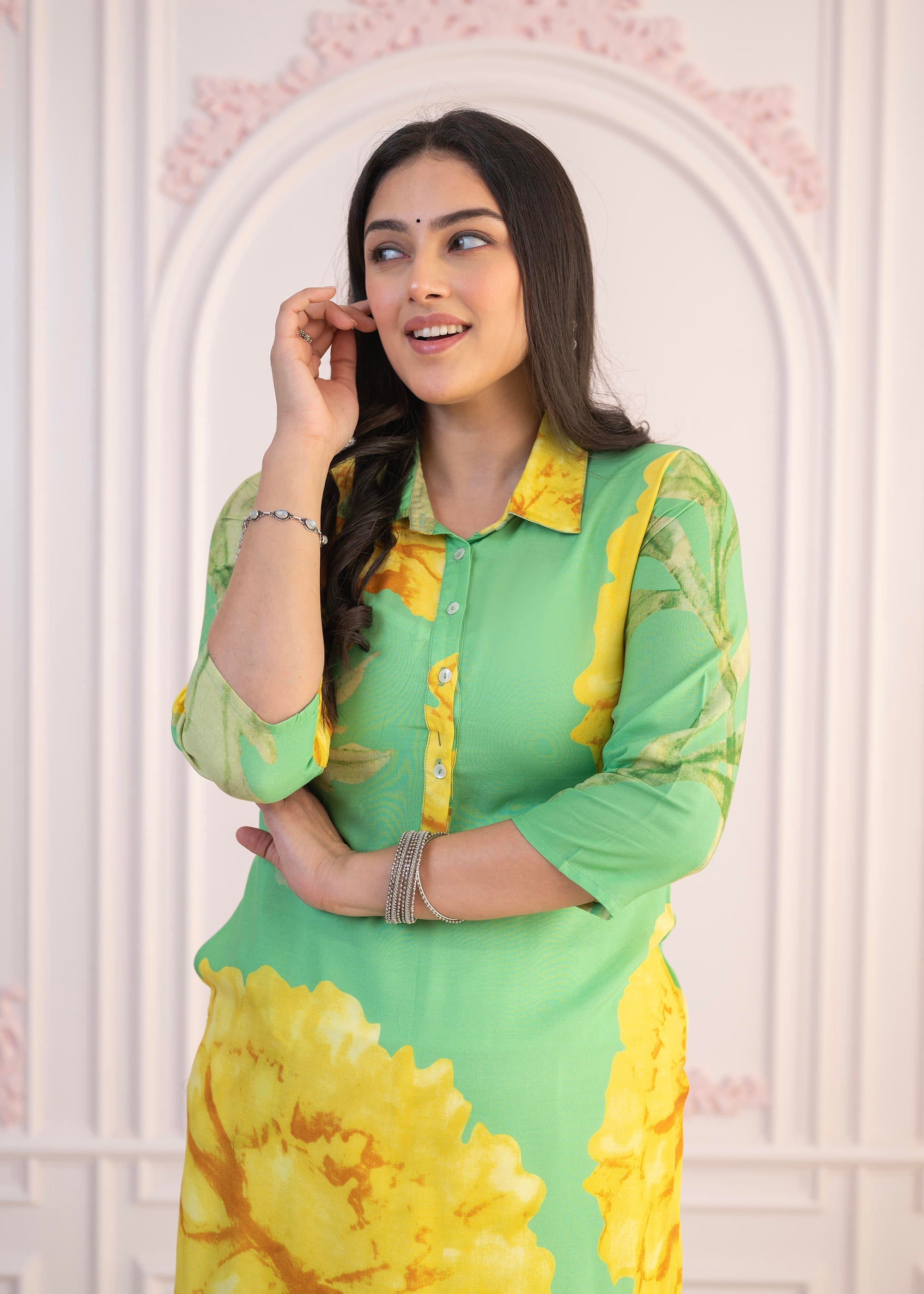 Juniper Green & Yellow Printed Viscose Kurta with Button Details | Grocsy