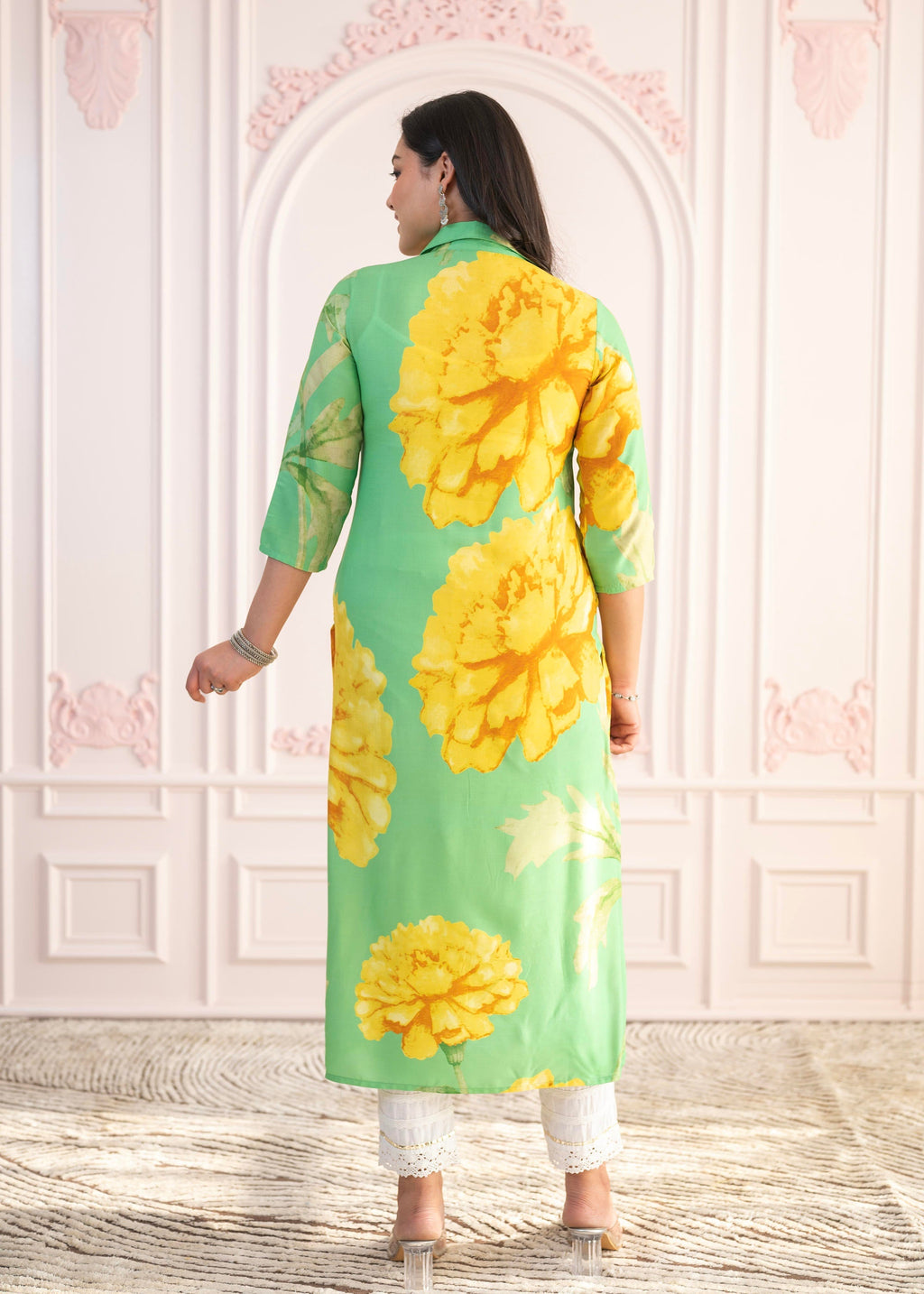 Juniper Green & Yellow Printed Viscose Kurta with Button Details | Grocsy