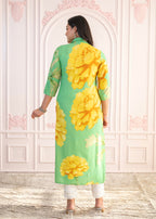 Juniper Green & Yellow Printed Viscose Kurta With Button Details | Grocsy