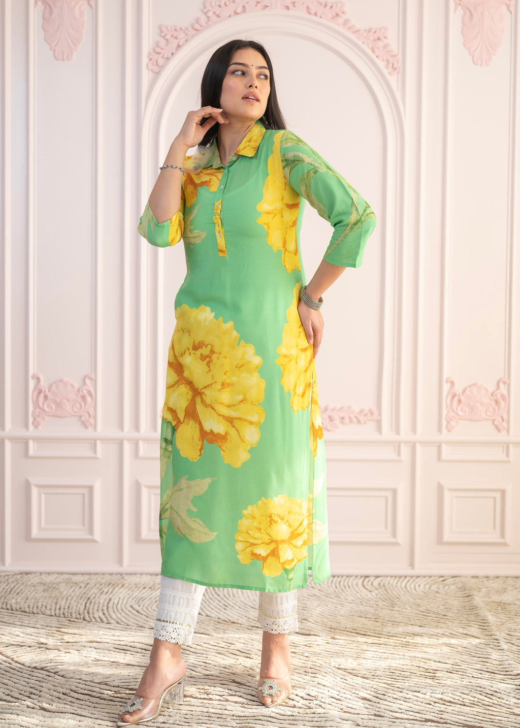 Juniper Green & Yellow Printed Viscose Kurta with Button Details | Grocsy
