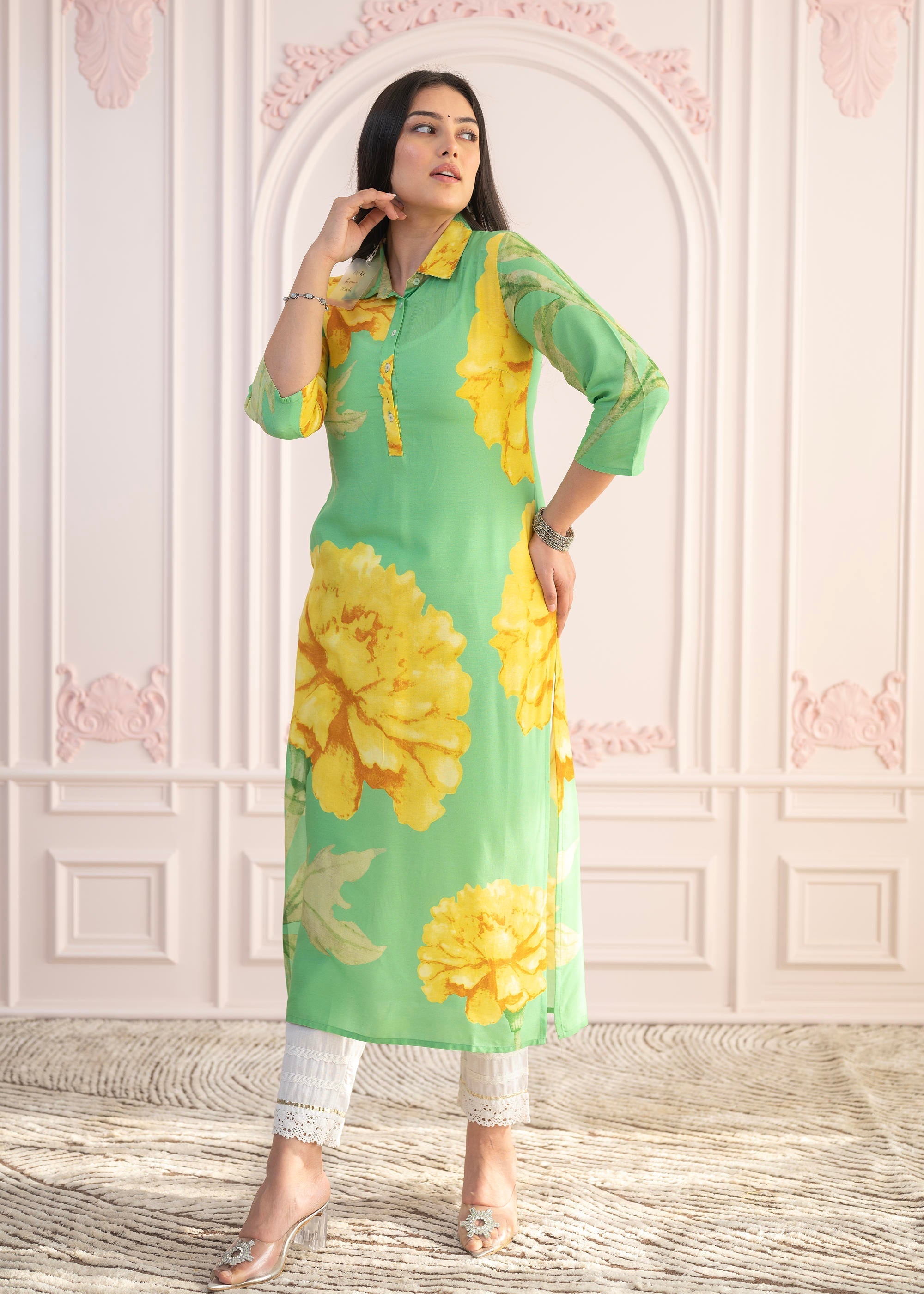Juniper Green & Yellow Printed Viscose Kurta with Button Details | Grocsy
