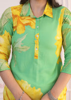 Juniper Green & Yellow Printed Viscose Kurta with Button Details | Grocsy
