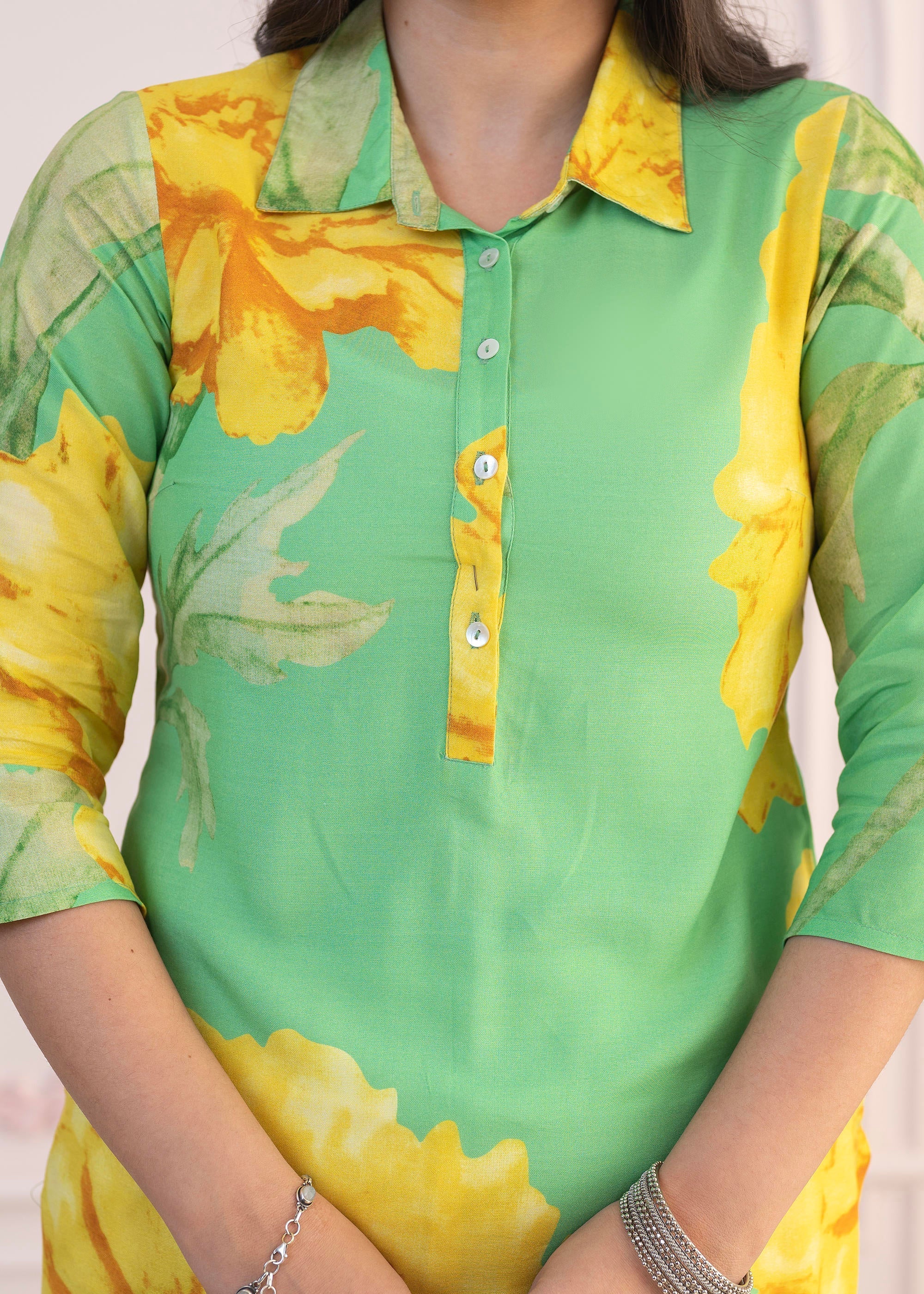 Juniper Green & Yellow Printed Viscose Kurta with Button Details | Grocsy