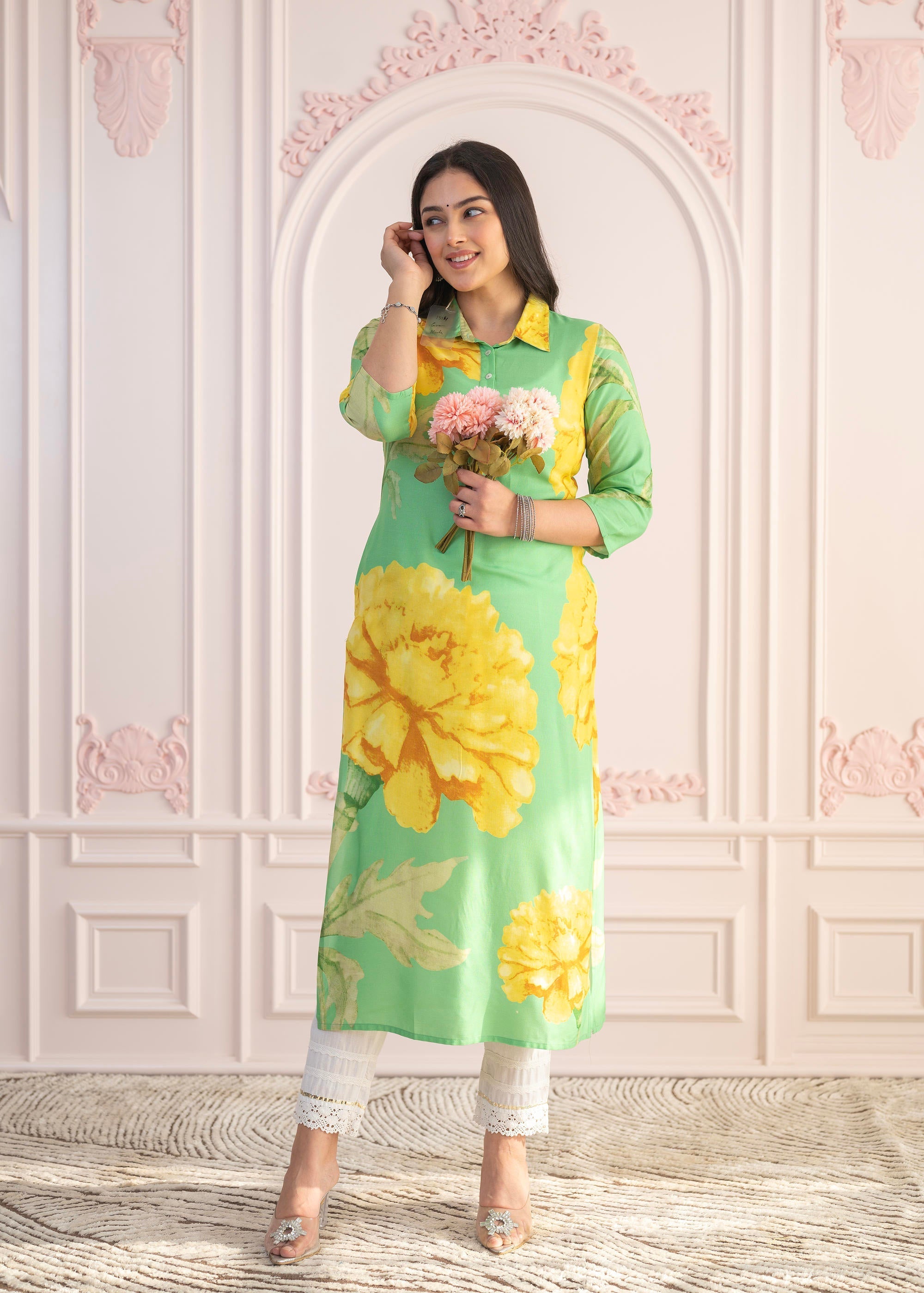 Juniper Green & Yellow Printed Viscose Kurta with Button Details | Grocsy