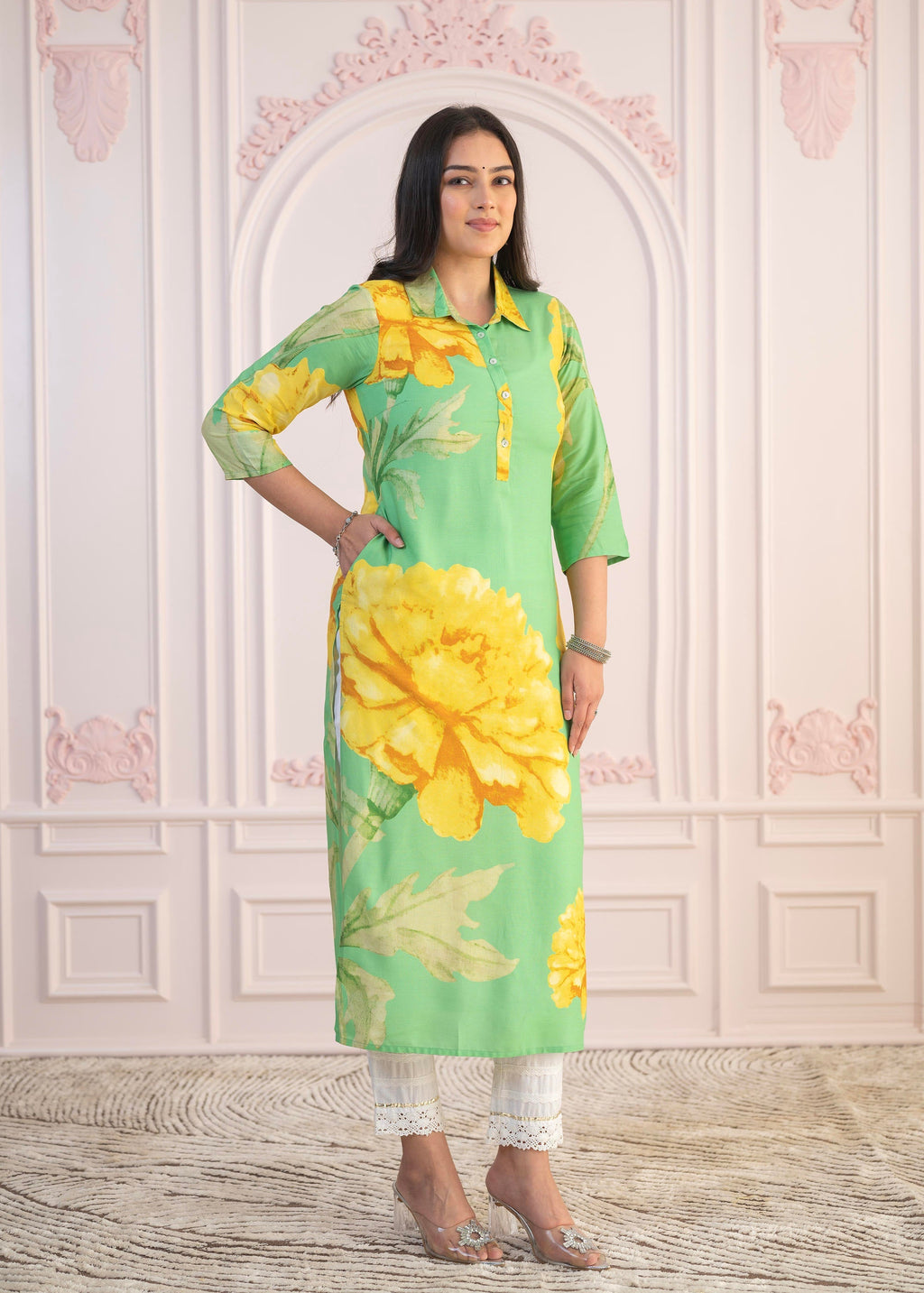 Juniper Green & Yellow Printed Viscose Kurta with Button Details | Grocsy