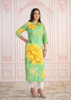 Juniper Green & Yellow Printed Viscose Kurta with Button Details | Grocsy
