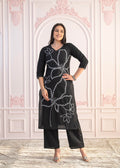Juniper Black Floral Embroidered Cotton Slub Kurta With Palazzo | Grocsy