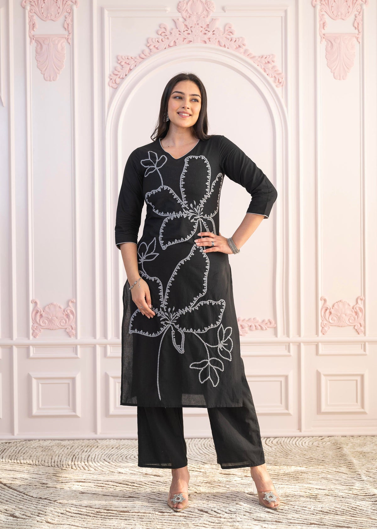 Juniper Black Floral Embroidered Cotton Slub Kurta With Palazzo | Grocsy