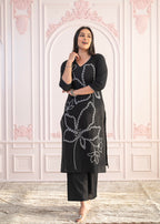 Juniper Black Floral Embroidered Cotton Slub Kurta With Palazzo | Grocsy