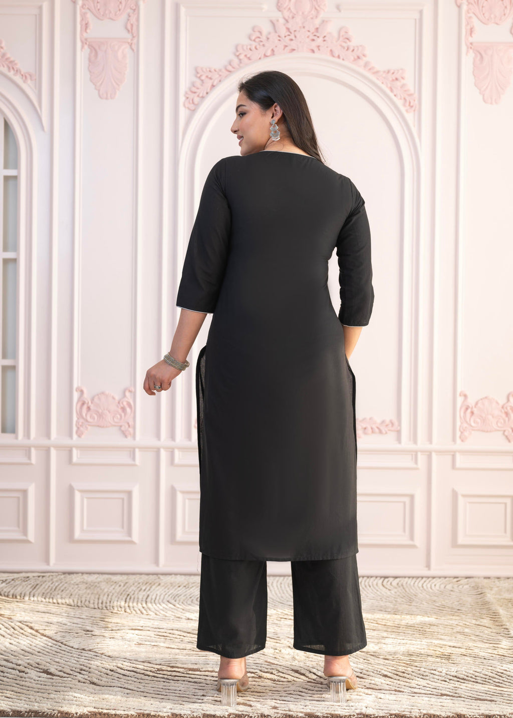 Juniper Black Floral Embroidered Cotton Slub Kurta with Palazzo | Grocsy
