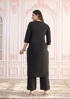 Juniper Black Floral Embroidered Cotton Slub Kurta with Palazzo | Grocsy