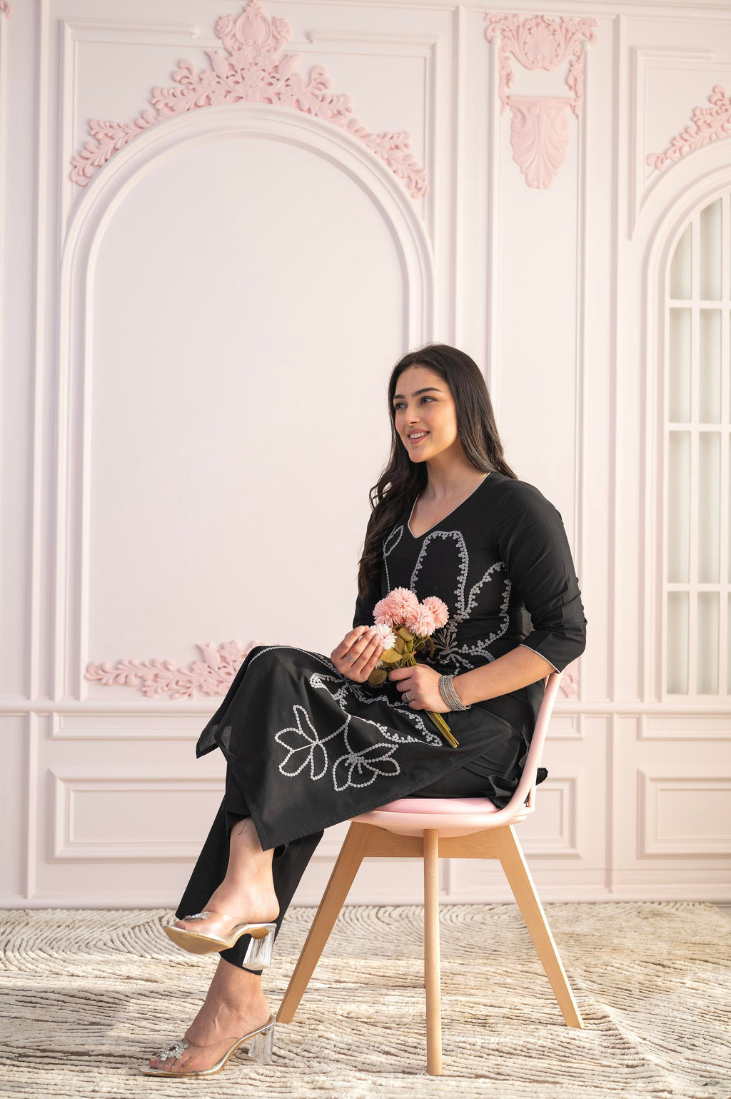 Juniper Black Floral Embroidered Cotton Slub Kurta with Palazzo | Grocsy