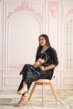 Juniper Black Floral Embroidered Cotton Slub Kurta with Palazzo | Grocsy