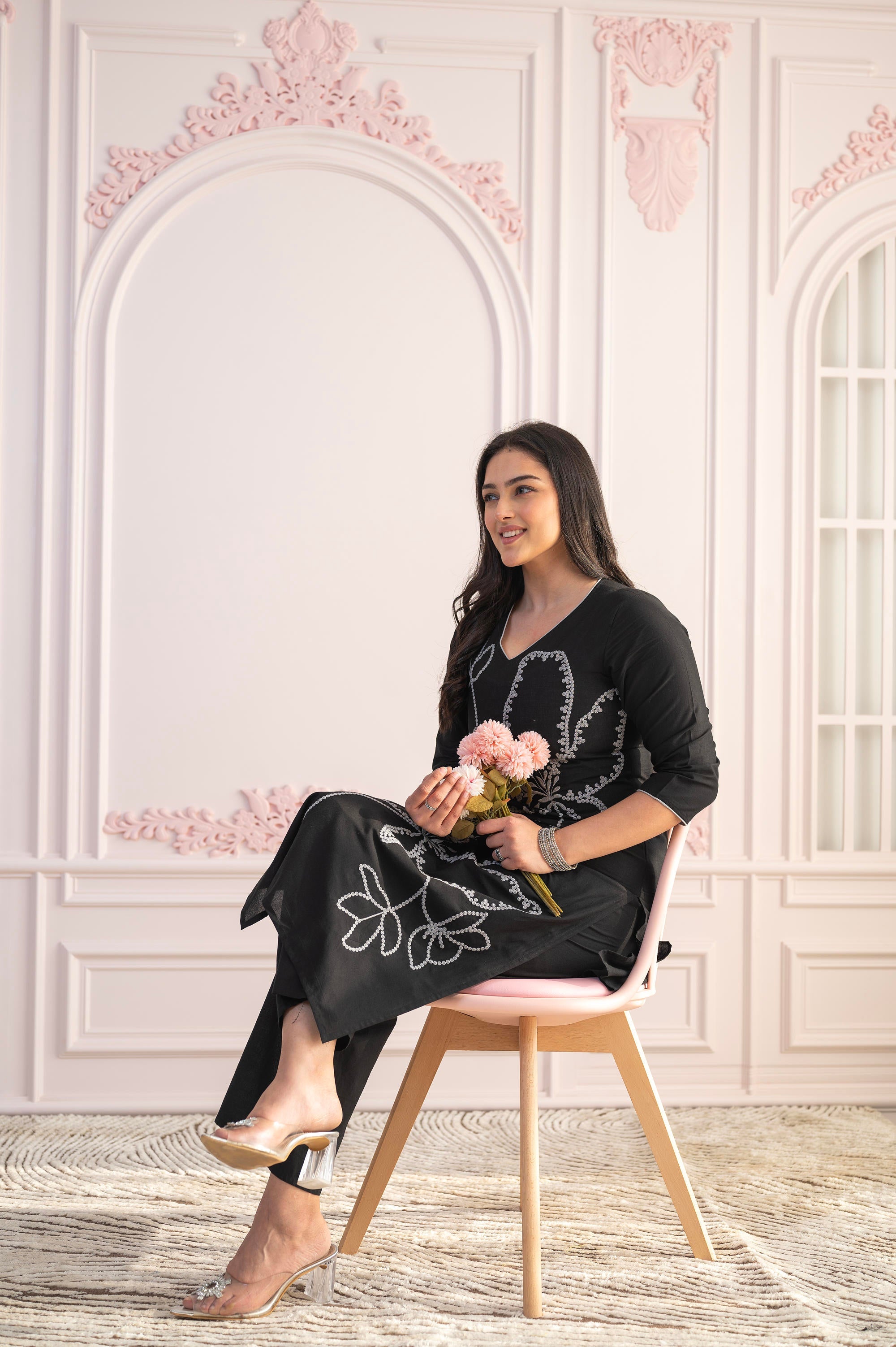 Juniper Black Floral Embroidered Cotton Slub Kurta with Palazzo | Grocsy