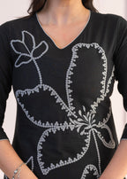 Juniper Black Floral Embroidered Cotton Slub Kurta with Palazzo | Grocsy
