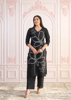 Juniper Black Floral Embroidered Cotton Slub Kurta with Palazzo | Grocsy