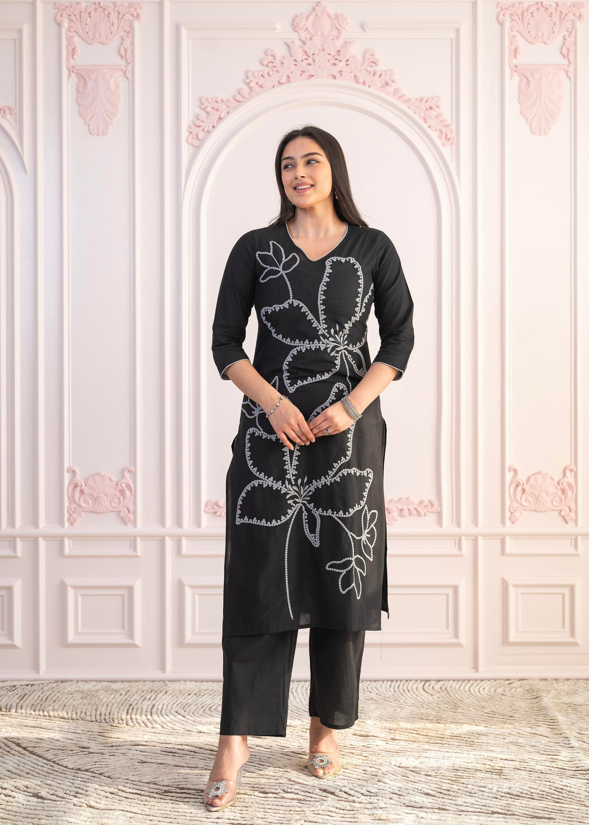 Juniper Black Floral Embroidered Cotton Slub Kurta with Palazzo | Grocsy