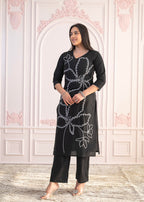 Juniper Black Floral Embroidered Cotton Slub Kurta with Palazzo | Grocsy