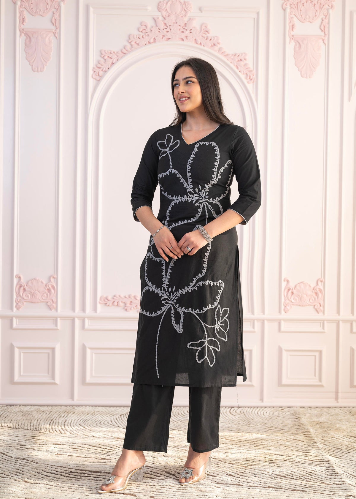 Juniper Black Floral Embroidered Cotton Slub Kurta with Palazzo | Grocsy