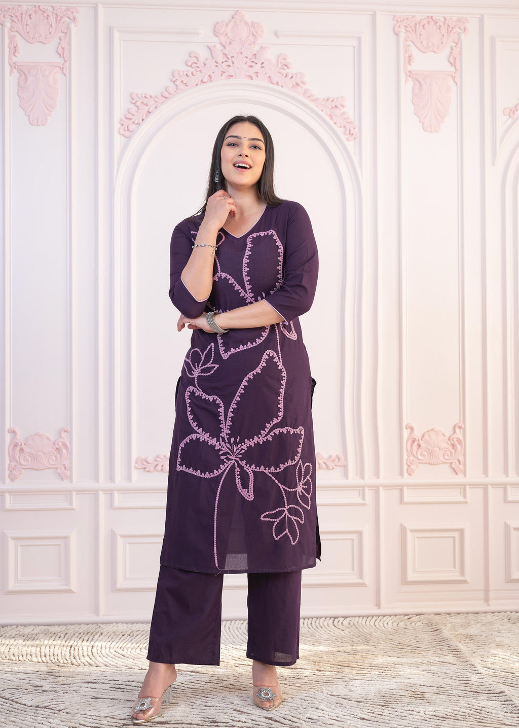 Juniper Purple Floral Embroidered Cotton Kurta with Palazzo | Grocsy