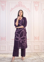 Juniper Purple Floral Embroidered Cotton Kurta with Palazzo | Grocsy