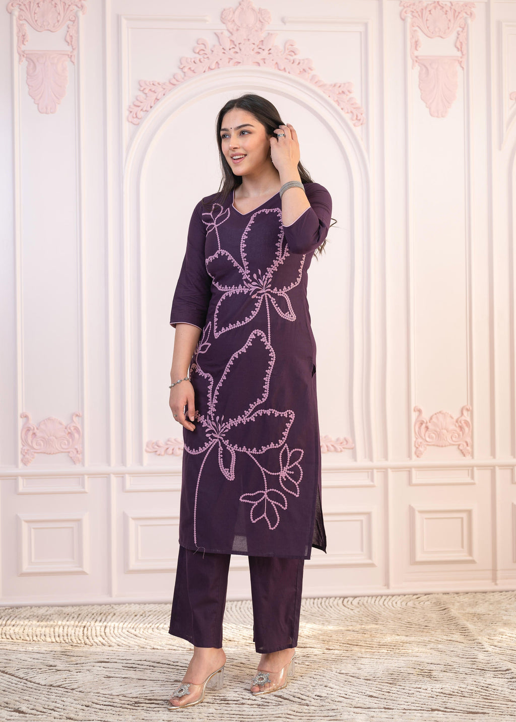 Juniper Purple Floral Embroidered Cotton Kurta with Palazzo | Grocsy