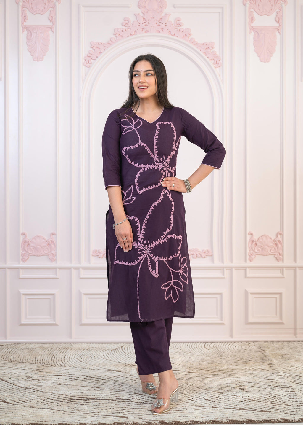 Juniper Purple Floral Embroidered Cotton Kurta with Palazzo | Grocsy