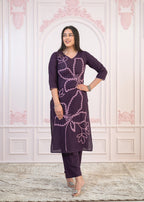Juniper Purple Floral Embroidered Cotton Kurta with Palazzo | Grocsy