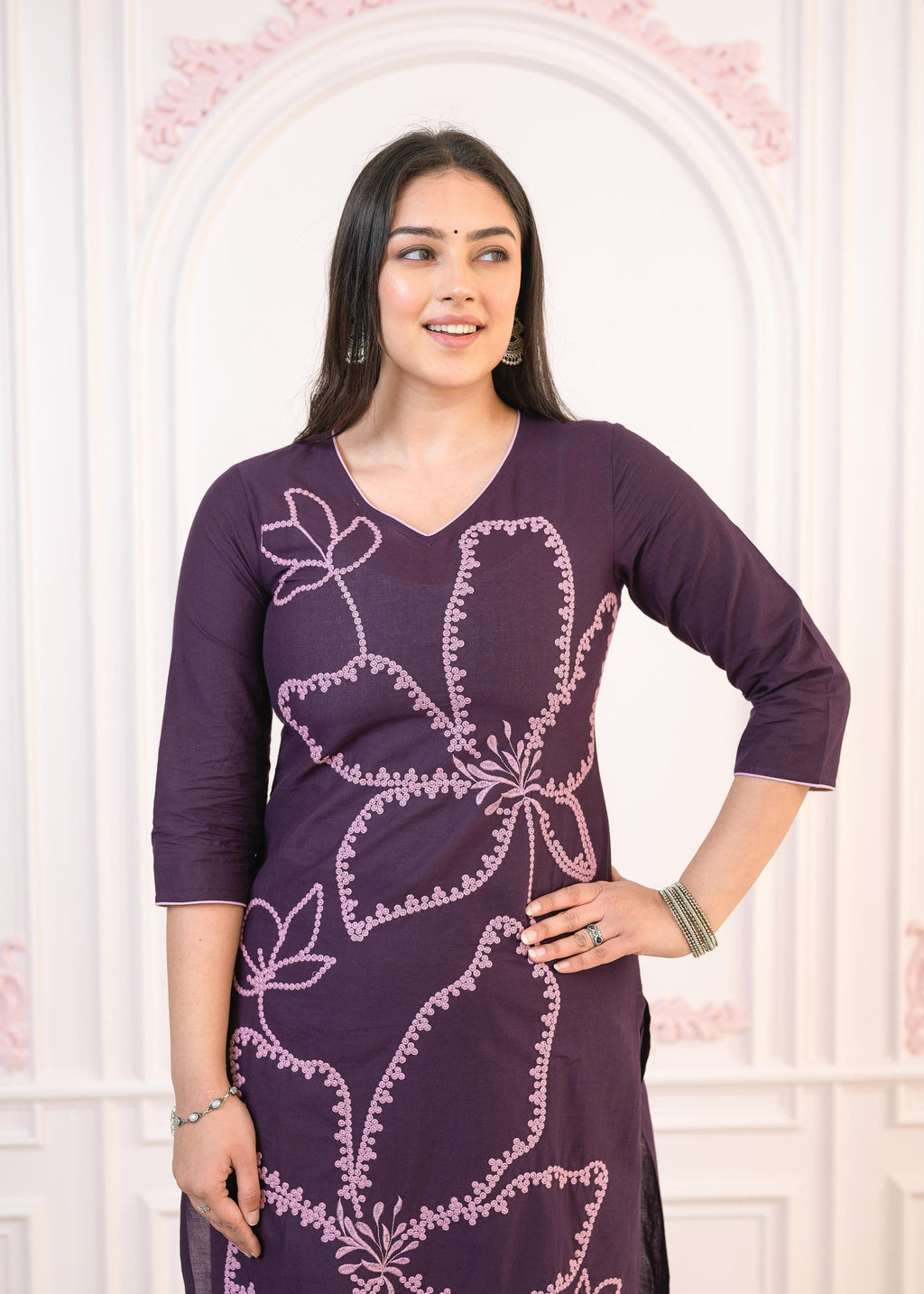 Juniper Purple Floral Embroidered Cotton Kurta with Palazzo | Grocsy