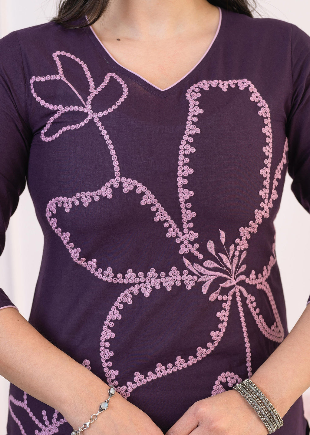 Juniper Purple Floral Embroidered Cotton Kurta with Palazzo | Grocsy