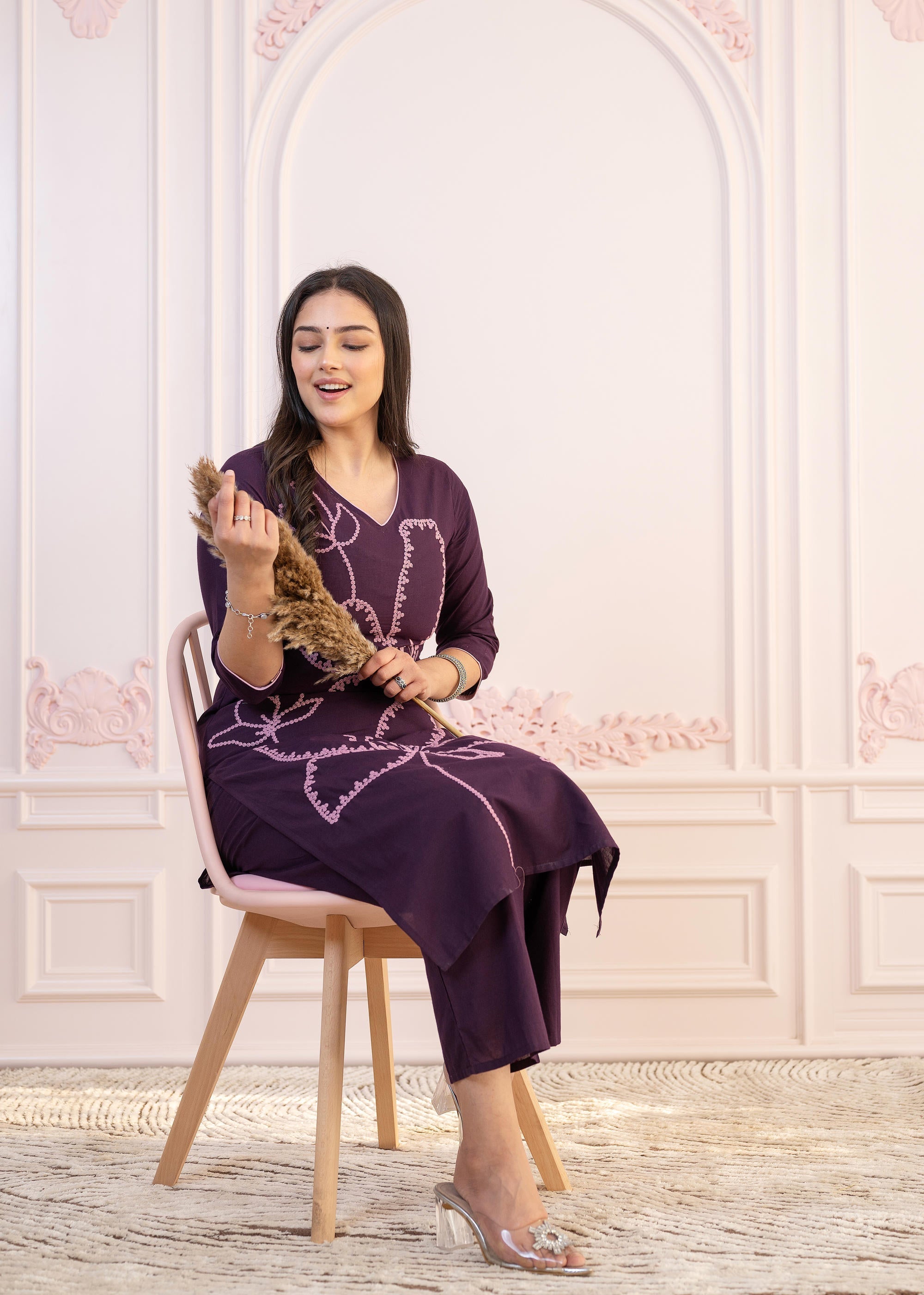 Juniper Purple Floral Embroidered Cotton Kurta with Palazzo | Grocsy