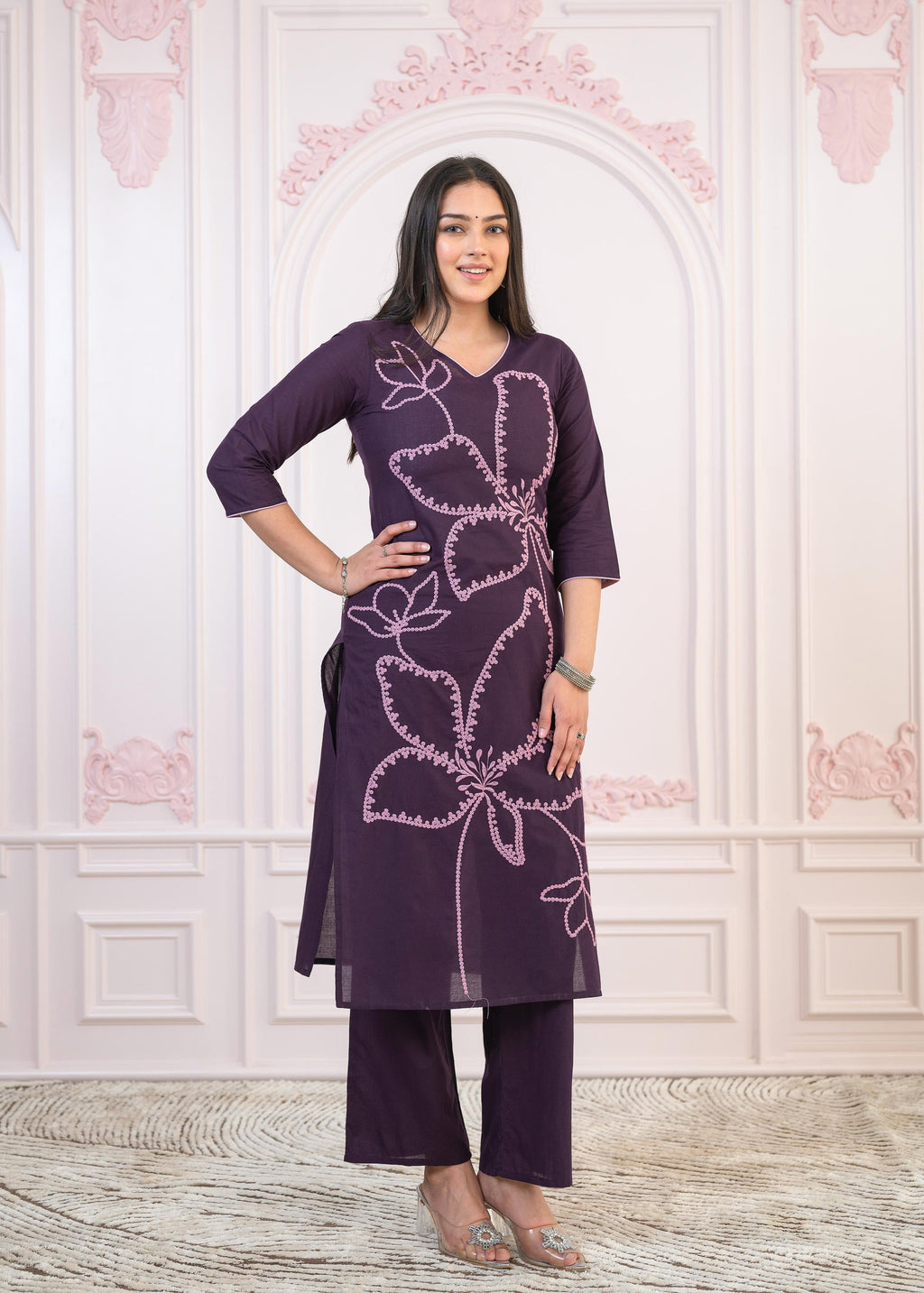 Juniper Purple Floral Embroidered Cotton Kurta with Palazzo | Grocsy