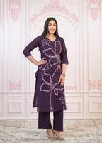 Juniper Purple Floral Embroidered Cotton Kurta with Palazzo | Grocsy