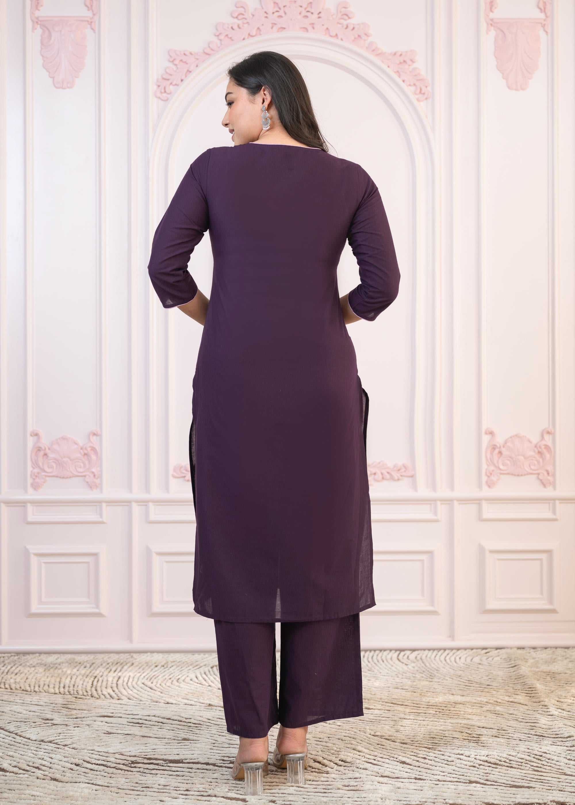 Juniper Purple Floral Embroidered Cotton Kurta with Palazzo | Grocsy