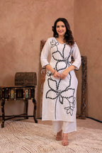 Juniper White Floral Embroidered Cotton Kurta With Palazzo | Grocsy