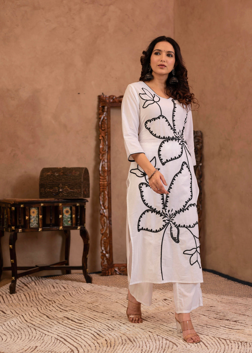 Juniper White Floral Embroidered Cotton Kurta With Palazzo | Grocsy
