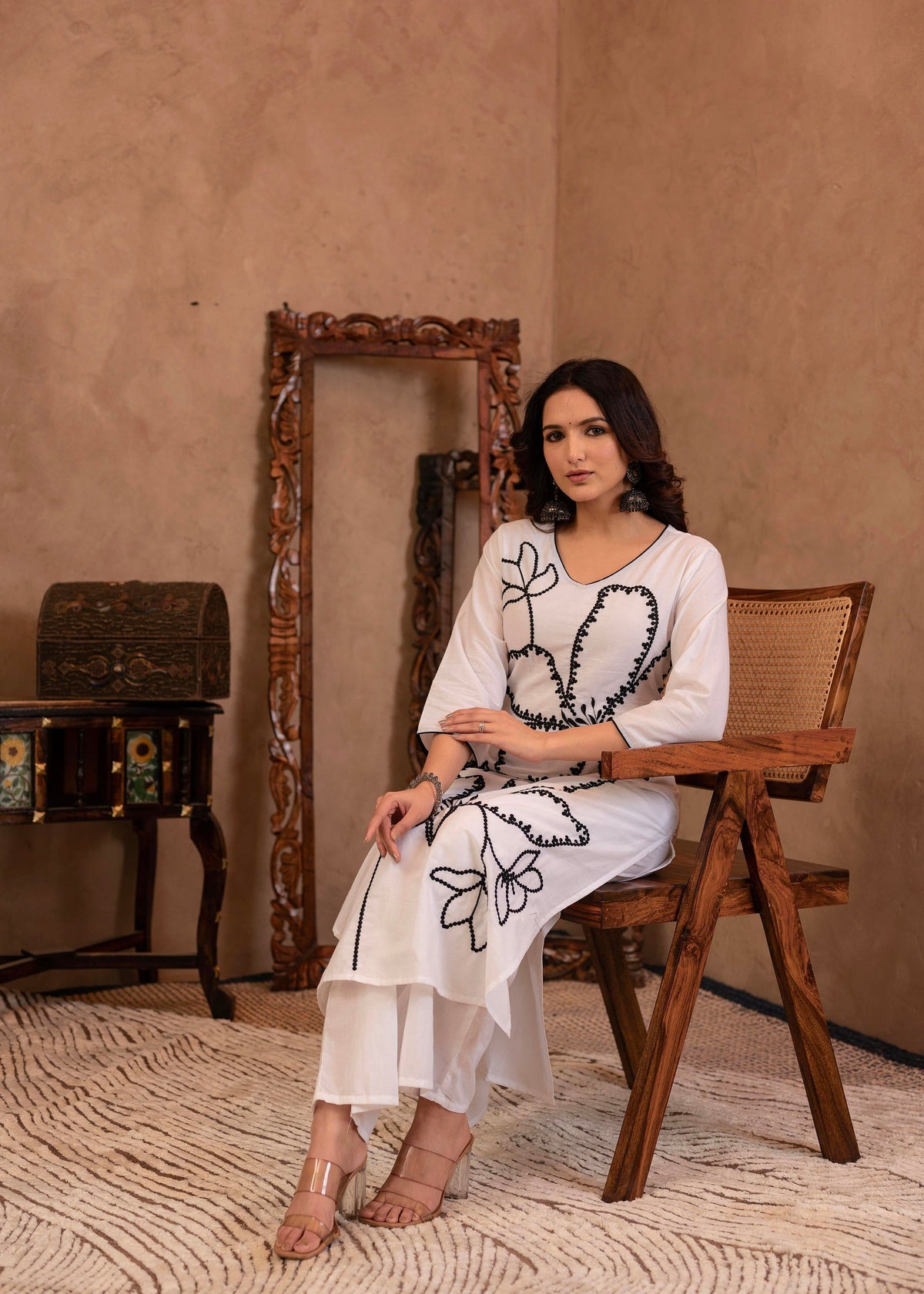 Juniper White Floral Embroidered Cotton Kurta With Palazzo | Grocsy