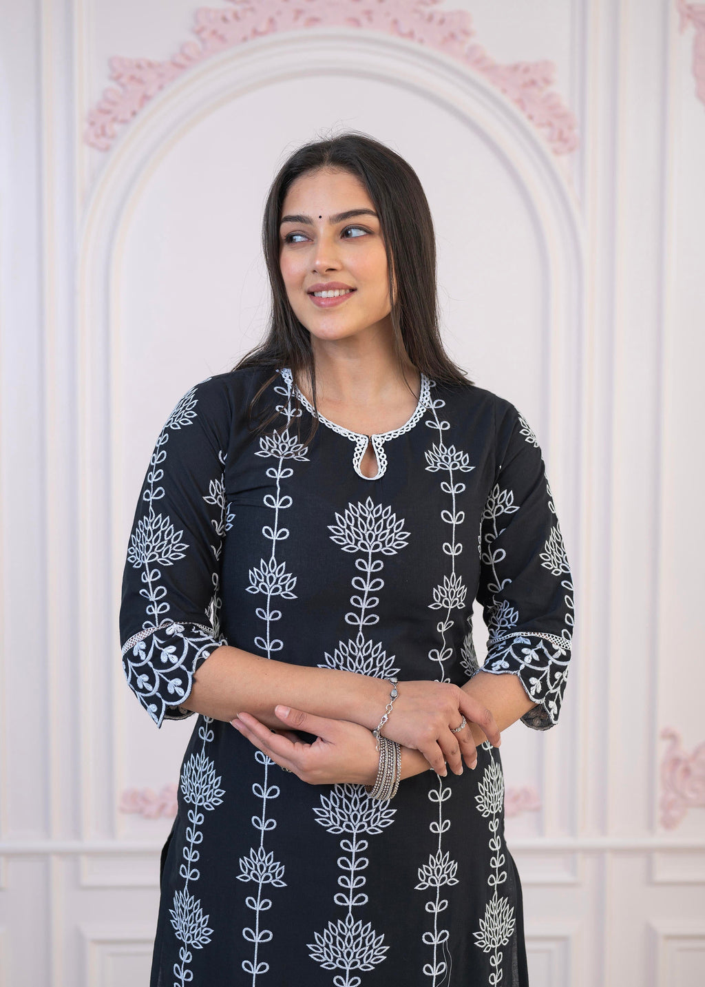 Juniper Black Cotton Slub Embroidered Kurta-Pant Set With Thread Work & Cotton Lace | Grocsy