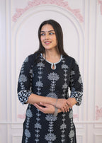 Juniper Black Cotton Slub Embroidered Kurta-Pant Set With Thread Work & Cotton Lace | Grocsy