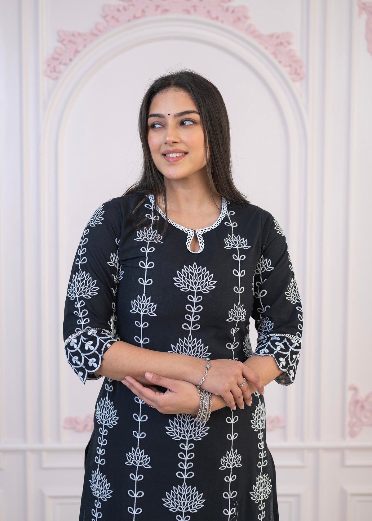 Juniper Black Cotton Slub Embroidered Kurta-Pant Set With Thread Work & Cotton Lace | Grocsy