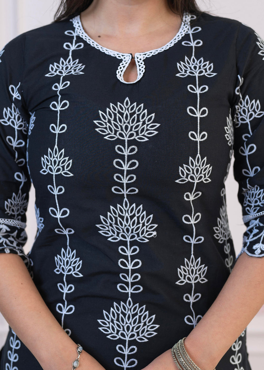 Juniper Black Cotton Slub Embroidered Kurta-Pant Set with Thread Work & Cotton Lace | Grocsy