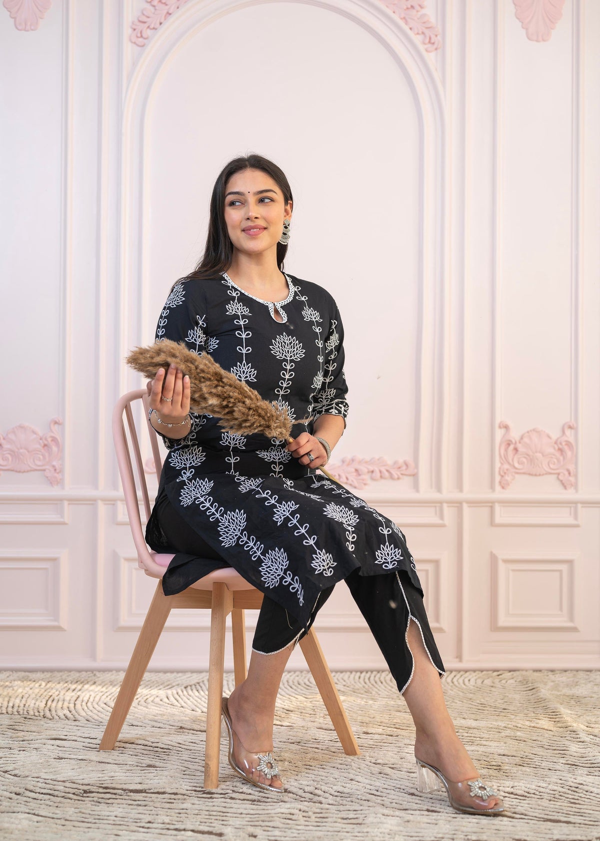 Juniper Black Cotton Slub Embroidered Kurta-Pant Set with Thread Work & Cotton Lace | Grocsy