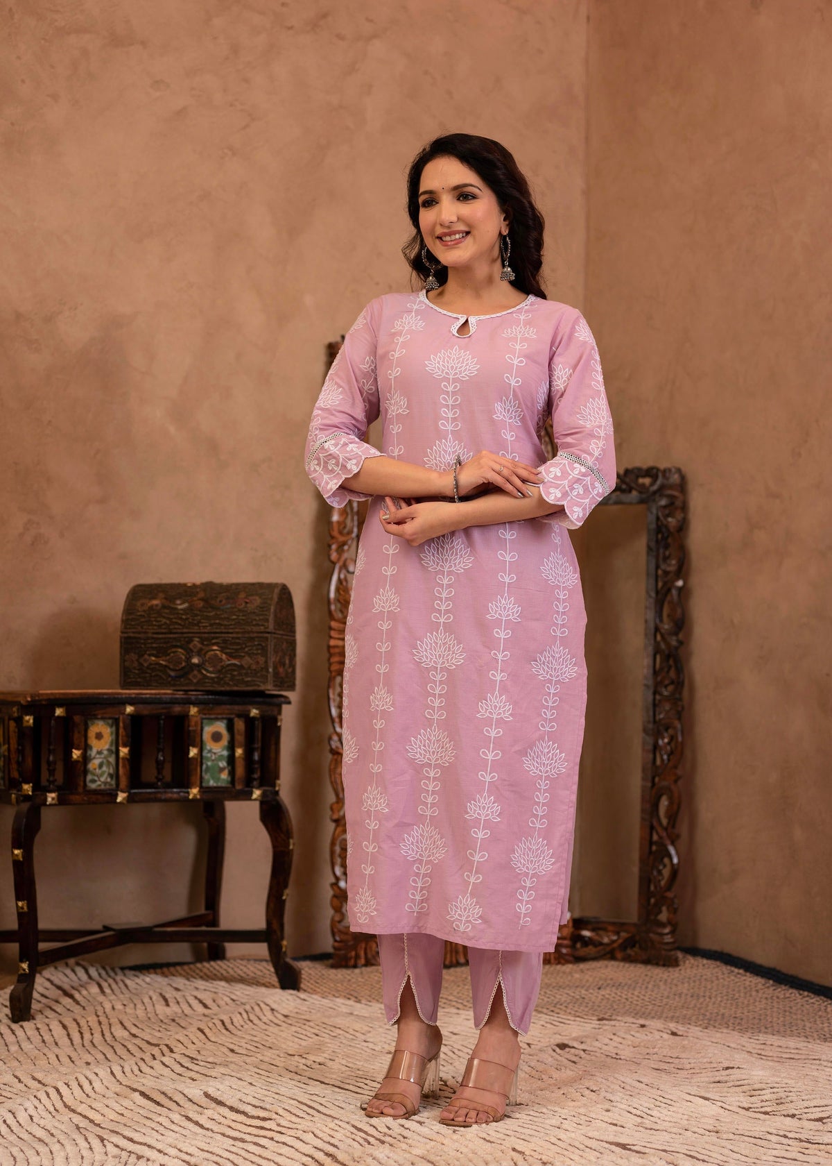 Juniper Lavender Embroidered Cotton Kurta with Palazzo & Cotton Sleeves | Grocsy