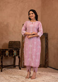 Juniper Lavender Embroidered Cotton Kurta With Palazzo & Cotton Sleeves | Grocsy