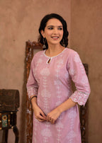 Juniper Lavender Embroidered Cotton Kurta with Palazzo & Cotton Sleeves | Grocsy