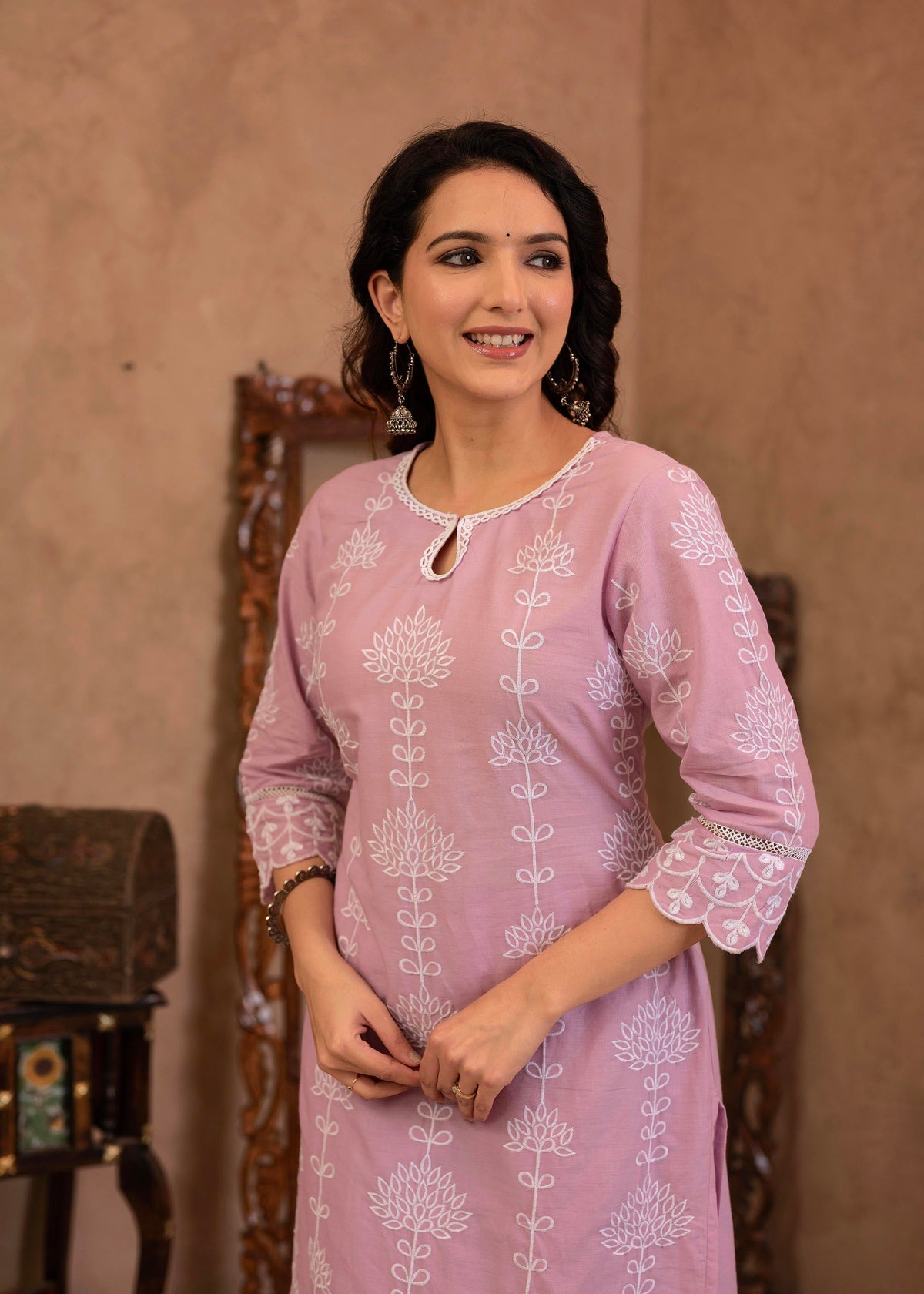 Juniper Lavender Embroidered Cotton Kurta with Palazzo & Cotton Sleeves | Grocsy