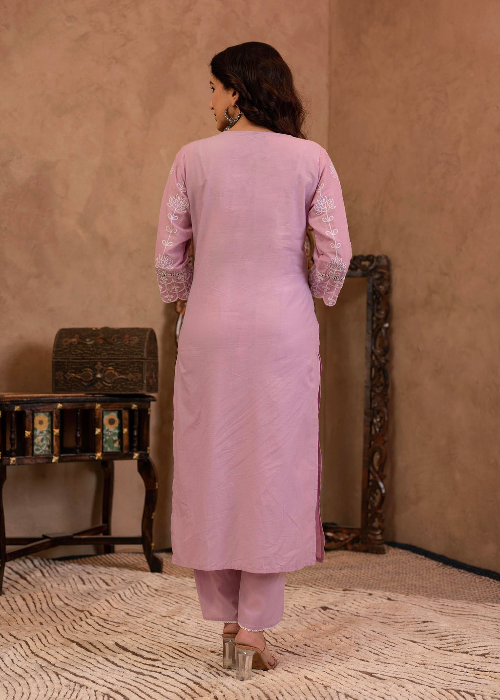 Juniper Lavender Embroidered Cotton Kurta with Palazzo & Cotton Sleeves | Grocsy