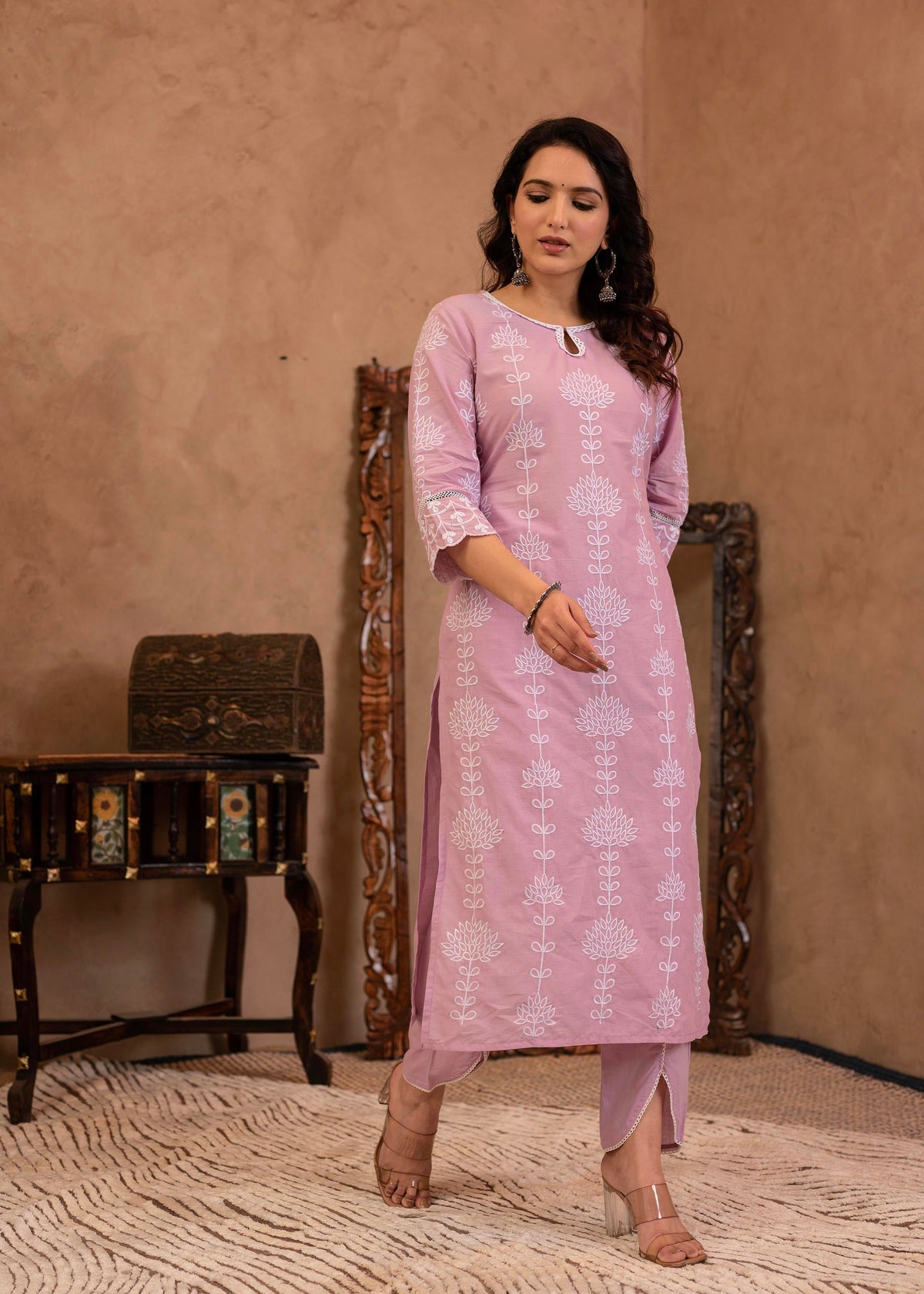 Juniper Lavender Embroidered Cotton Kurta with Palazzo & Cotton Sleeves | Grocsy