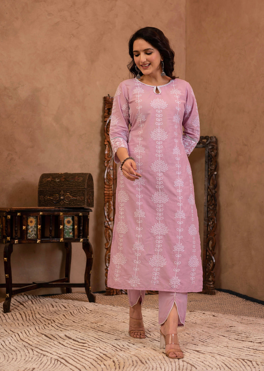 Juniper Lavender Embroidered Cotton Kurta with Palazzo & Cotton Sleeves | Grocsy