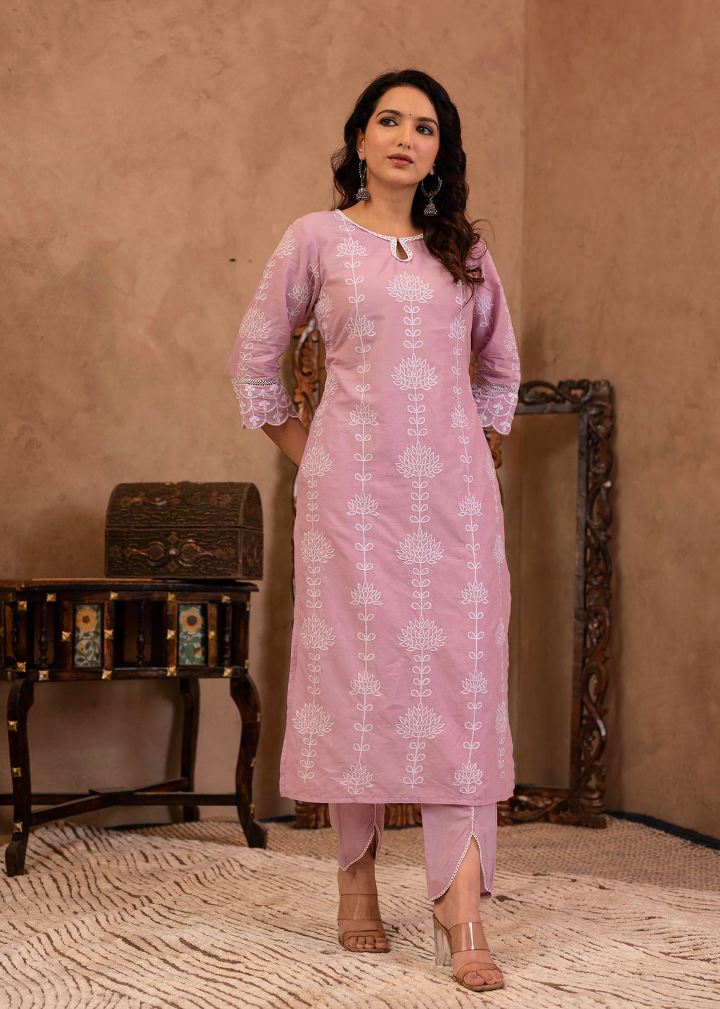 Juniper Lavender Embroidered Cotton Kurta with Palazzo & Cotton Sleeves | Grocsy